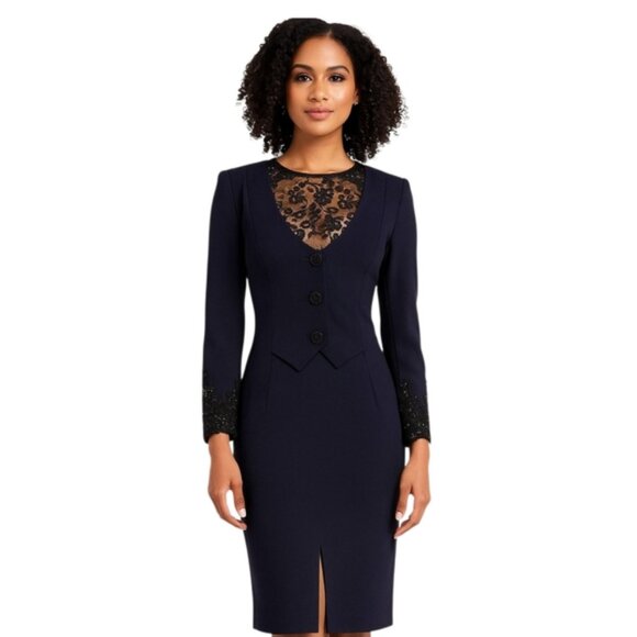 Badgley Mischka Vintage Navy Blue Lace Trim Button Accent Midi Dress - Picture 1 of 17